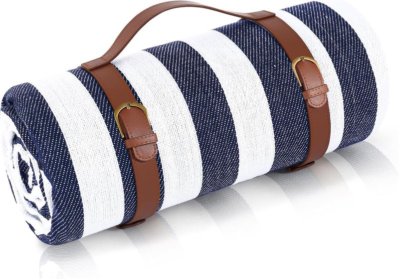Timirock Striped Picnic Blankets 80” x 80” Extra Large Waterproof and Foldable Beach Blanket, Oversized Blue and White Outdoor Blanket for Camping, Travel, Park, Grass, Patio (Blue & White, 80" x 80") - Image 1